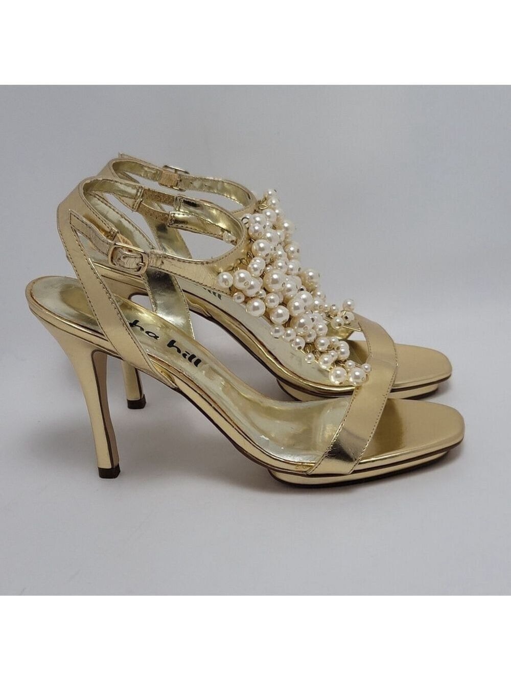Alisha Hill Heels Cluster Faux Pearl T-Strap Open-Toe Metallic Gold Sandal Sz 8M